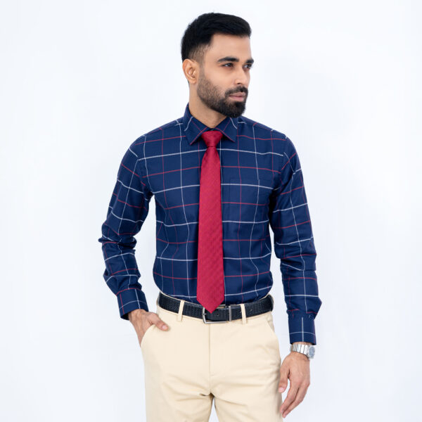 Men’s Navy Color Premium Check Slim-Fit Formal Shirt