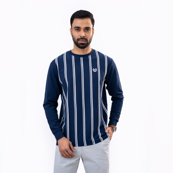 Richman Round Neck Navy Stripe Full Sleeve T-Shirt
