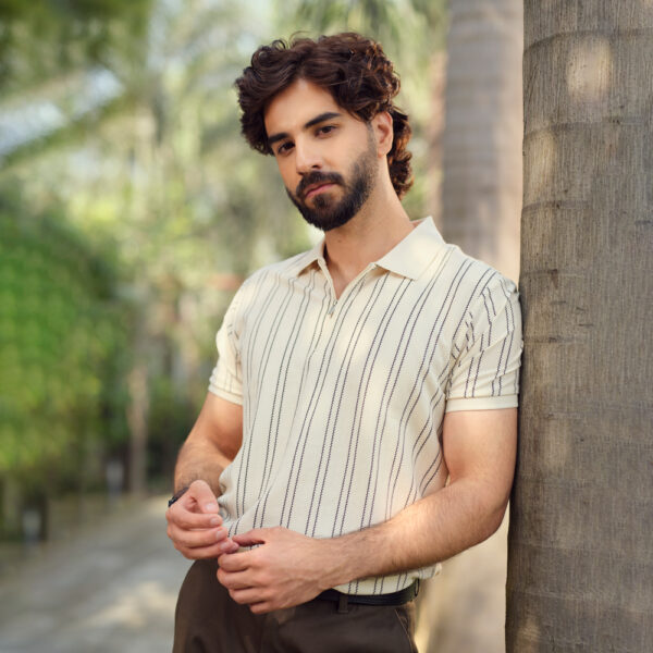 Richman Cream Color Classy Zip-Neck Polo T-shirt