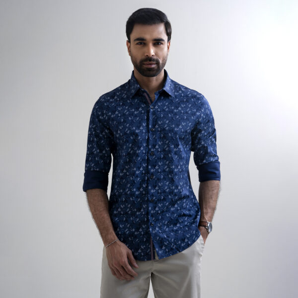 Richman Navy Blue Color Slim Fit Printed Full Sleeve Shirt
