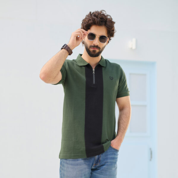 Richman Bottle Green Classy Zip-Neck Polo T-shirt