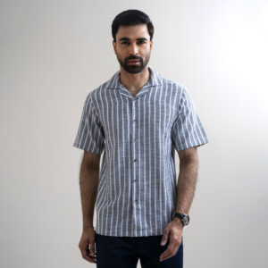 Richman Men’s Half Sleeve Off-White Stipe Printed Hawai Shirt