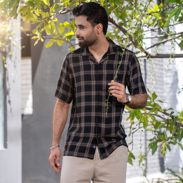 RICHMAN MEN’S BLACK CHECK HALF SLEEVE HAWAI SHIRT RICHMAN MEN’S BLACK CHECK HALF SLEEVE HAWAI SHIRT